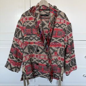 ZARA Aztec Print Sweater Jacket with Fringe